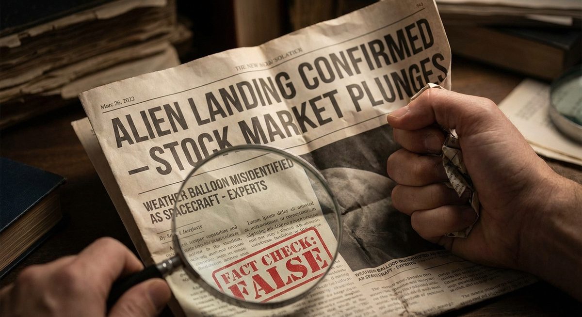 Giornale con notizia falsa e lente di ingrandimento per il fact checking