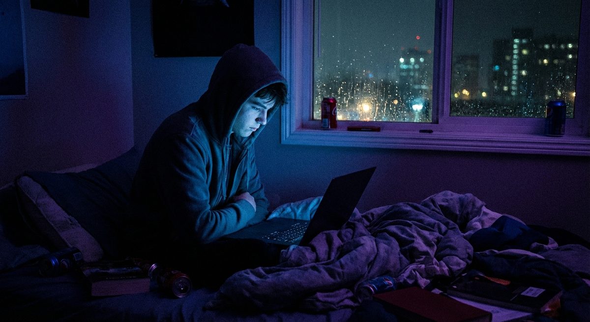 Adolescente isolato nella sua stanza al buio davanti allo schermo del computer